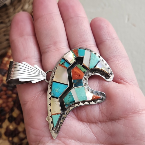 Vintage Native American Navajo Vintage Inlaid Bear Pendant by Danny Clark 💙🐻 - Picture 8 of 13